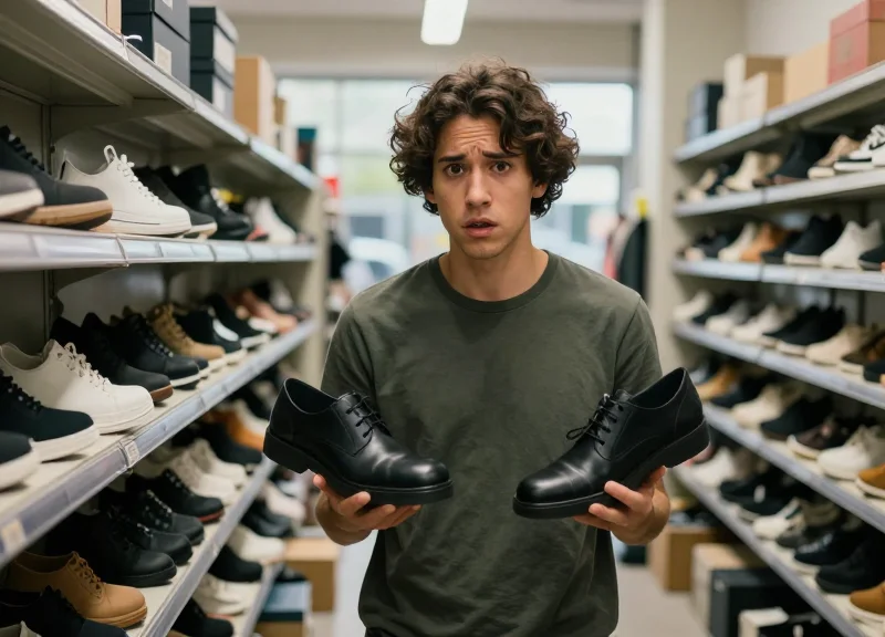 A frustrated shopper holding two mismatched shoes in a busy retail environment with cluttered shelves