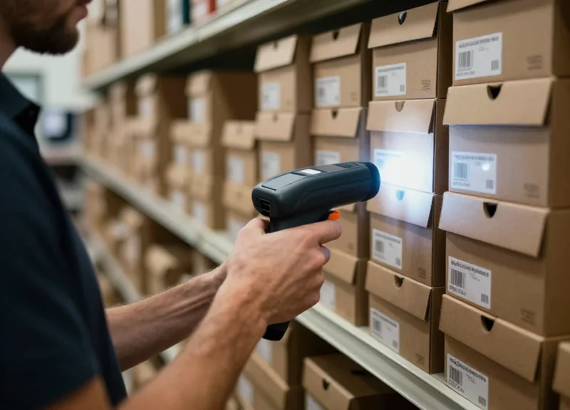 A store associate using a handheld RFID scanner to check shoe inventory in a backroom