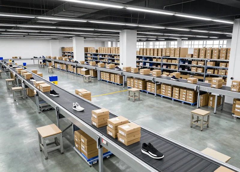 A high-tech footwear logistics hub with automated conveyor belts and neatly stacked shoe boxes.