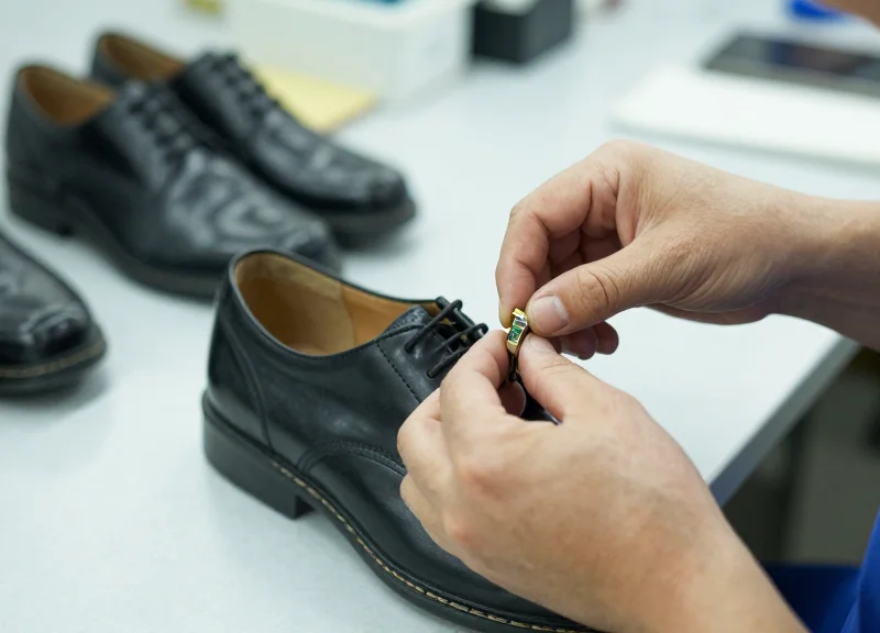 A factory worker in a clean manufacturing environment embedding a small chip into a shoe sole.
