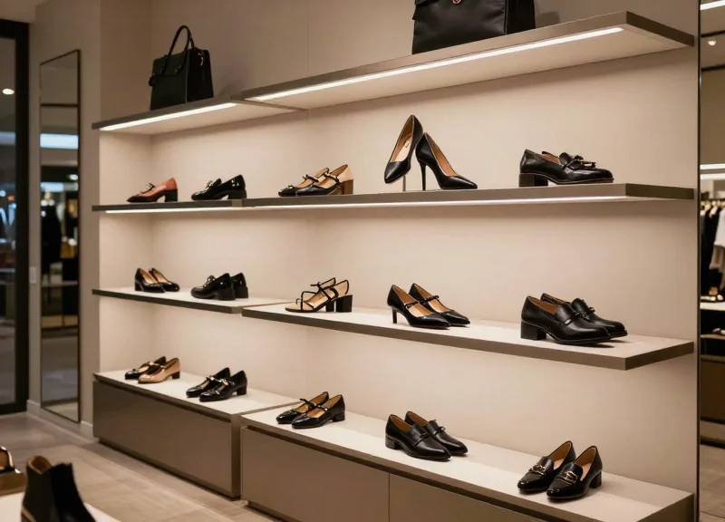 A modern retail store shelf with shoes, featuring invisible smart tracking technology.