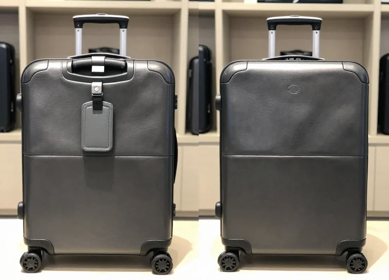 Comparison of a traditional bulky EAS tag and a clean luggage design with hidden RFID tech.