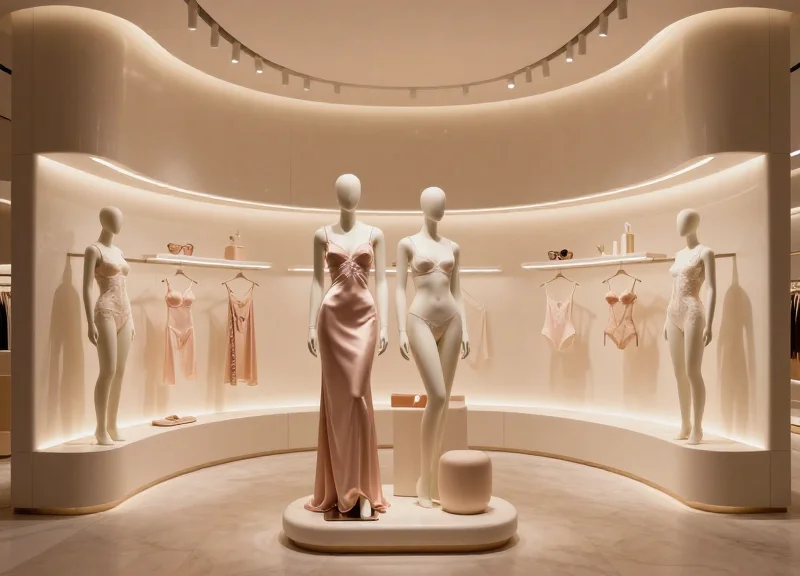 High-end luxury lingerie boutique interior with futuristic minimalist design and soft ambient lighting