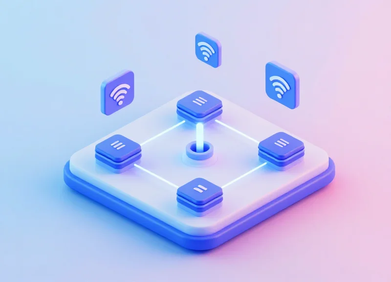 Isometric 3D model of a retail inventory management system connecting a warehouse and a shop