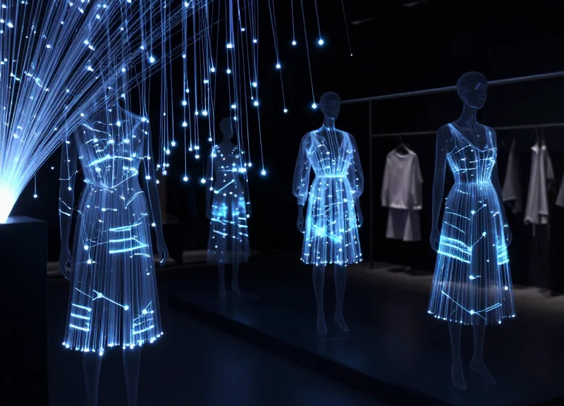 Abstract digital data streams illuminating dark silhouettes of retail items, representing RFID visibility.