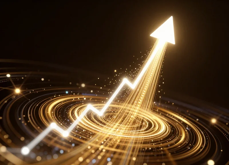 Abstract upward trending golden light particles representing a 28 percent lift in conversion metrics.