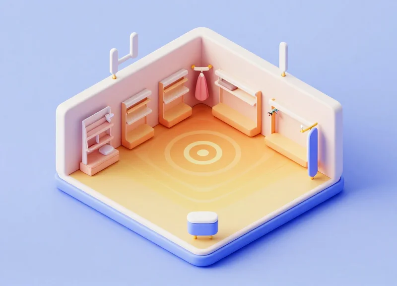 Isometric 3D model of a fitting room showing the spatial arrangement of RFID antennas.