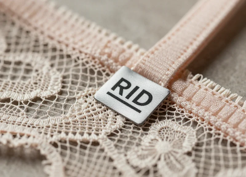 Macro photography of an RFID tag integrated into a delicate lace lingerie garment.