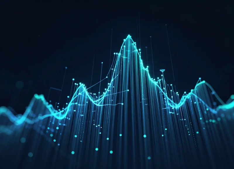 Abstract data visualization showing a digital landscape with glowing connection nodes and rising tech trends representing the evolution of RFID technology.