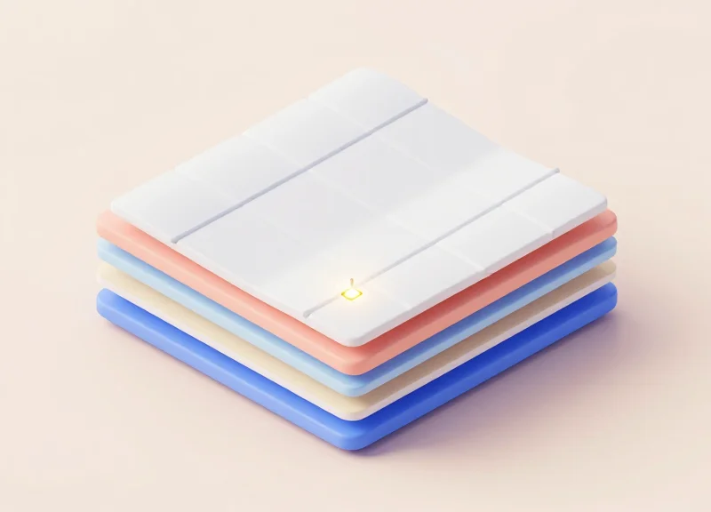 Isometric 3D illustration showing the internal layers of a technical fabric with an embedded RFID chip seamlessly integrated between the fiber layers.