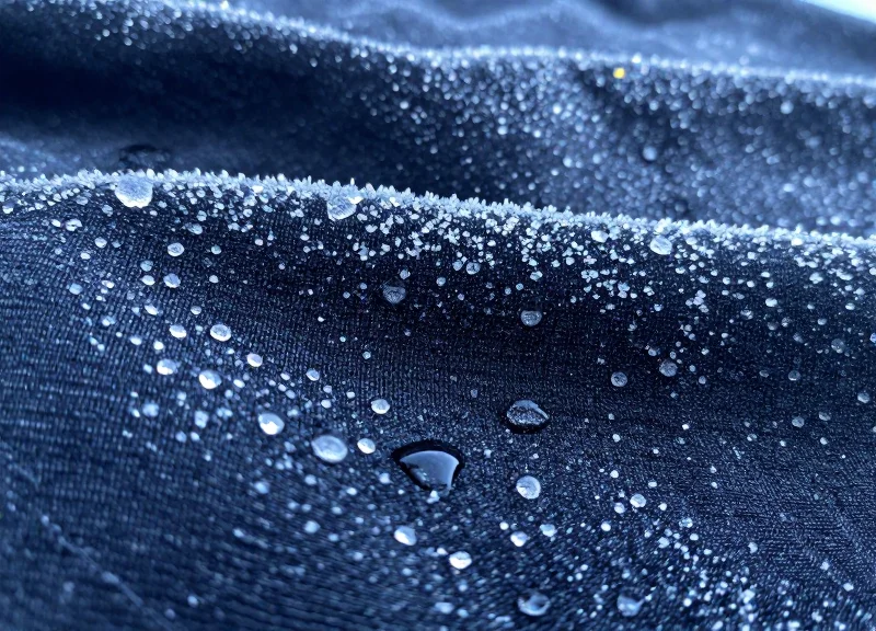 A technical outdoor jacket covered in frost and water droplets to demonstrate extreme moisture and temperature resistance.