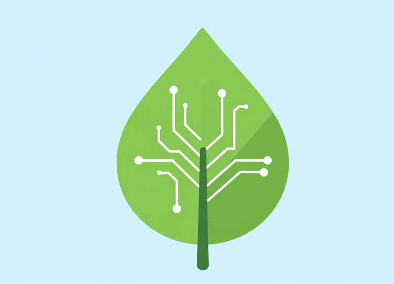 A flat vector illustration representing sustainable RFID technology through a green leaf intertwined with digital circuitry.