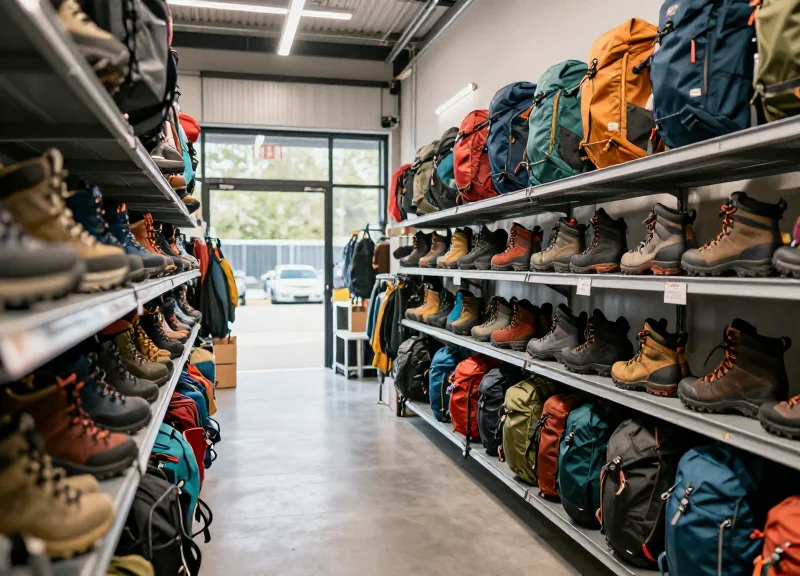 A modern warehouse filled with outdoor sports equipment and hiking gear under professional lighting.