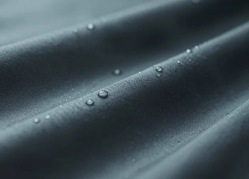 Macro photography of water droplets beading on the surface of a high-performance Gore-Tex fabric membrane.