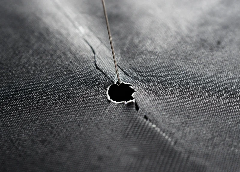 Close-up macro photography showing a needle creating a jagged hole in a technical fabric.