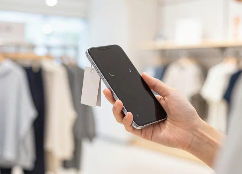 A person using a smartphone to scan a luxury jacket's sleeve for authentication.