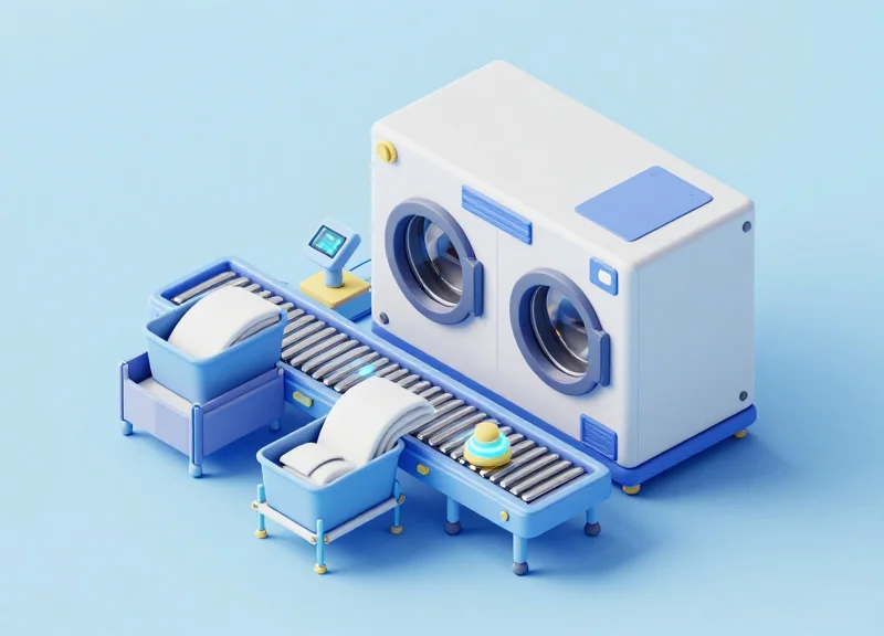 Isometric 3D model of an automated conveyor belt sorting laundry bins using sensors