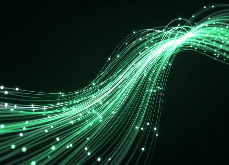 Abstract visualization of glowing green data streams moving upward representing cost savings and efficiency