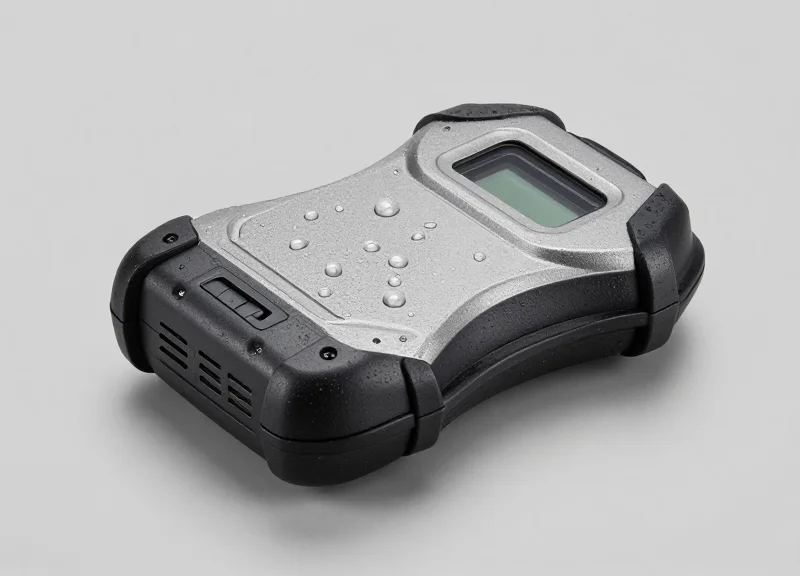 Industrial waterproof RFID reader with condensation droplets on its casing.