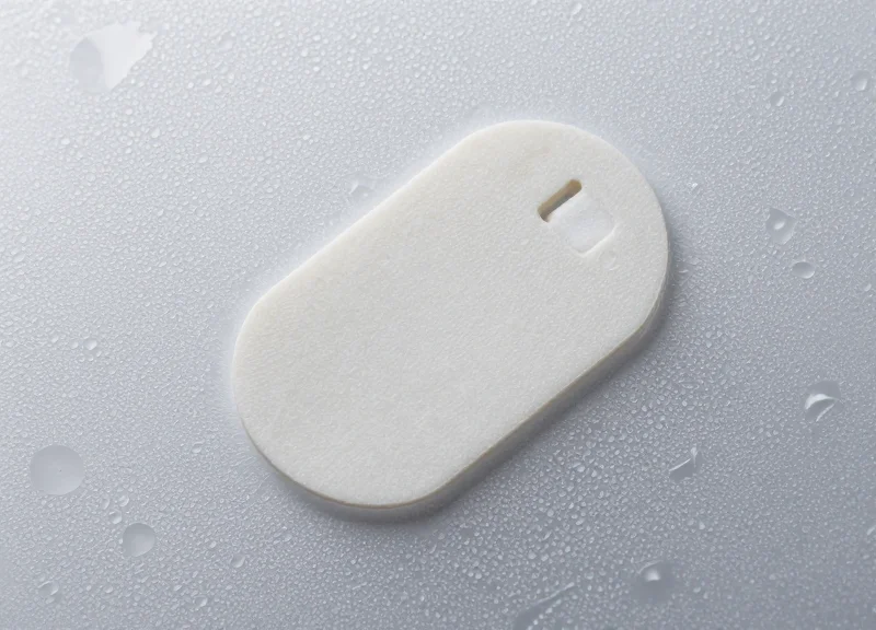 Macro view of an RFID tag applied to a wet surface with water droplets.
