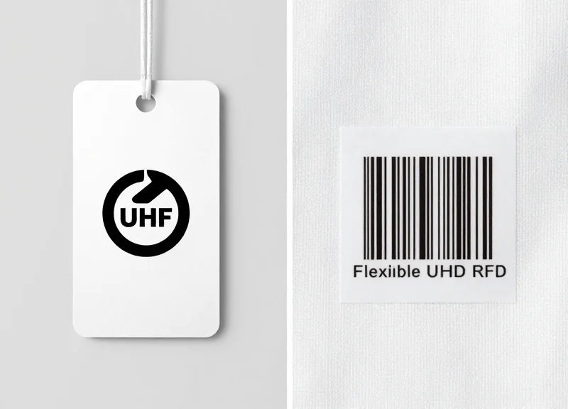 Side-by-side comparison of an RFID tag and a traditional barcode on textile fabric.