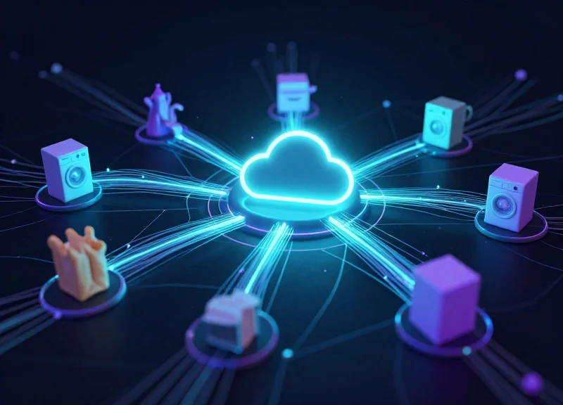 Abstract visualization of RFID garment data connecting to a cloud logistics network.