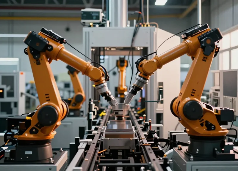 A high-speed automated manufacturing assembly line in a modern smart factory with motion blur reflecting speed.