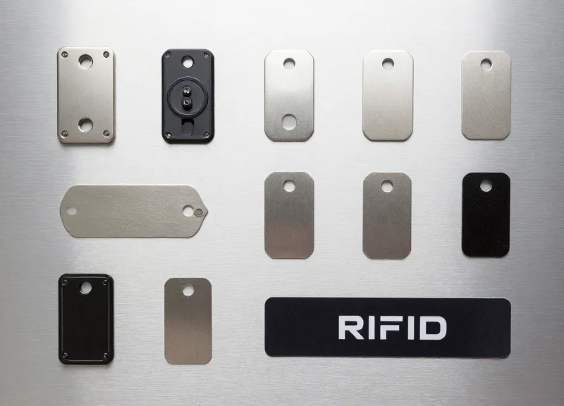 An organized arrangement of various industrial RFID tags and sensors on a clean brushed metal surface.