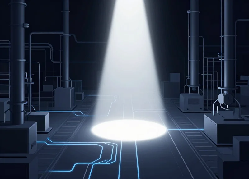 A digital spotlight illuminating a cluttered factory floor into organized paths