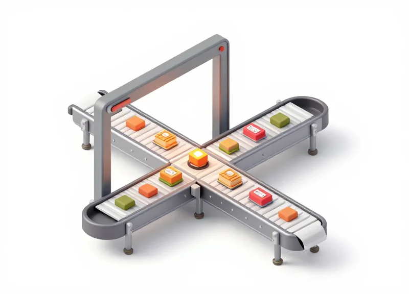 Isometric 3D view of a factory conveyor with RFID tracking gateways