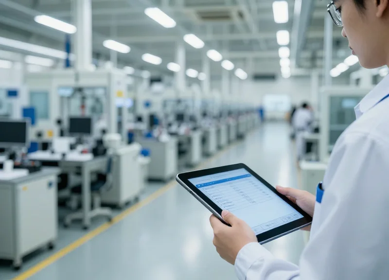 Technician monitoring a highly efficient and organized production line