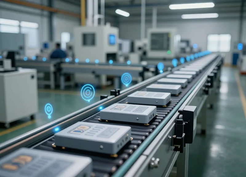 A high-tech manufacturing floor where RFID tags are attached to products on a conveyor belt being scanned by overhead sensors.