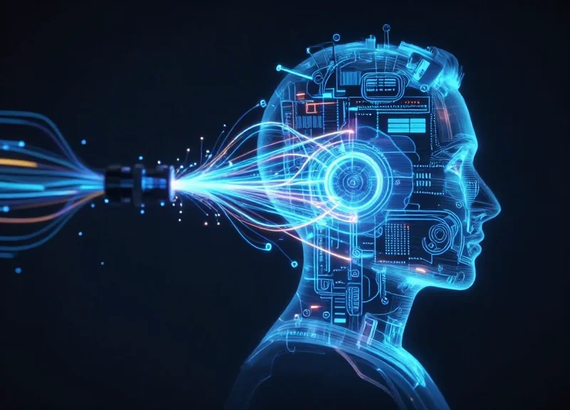 Abstract visualization of a physical industrial machine and its glowing holographic digital twin connected by data streams.