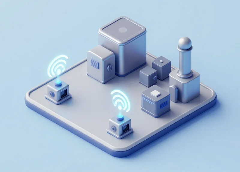 An isometric 3D model of an industrial floor showing RFID signals navigating through metal beams and machinery.