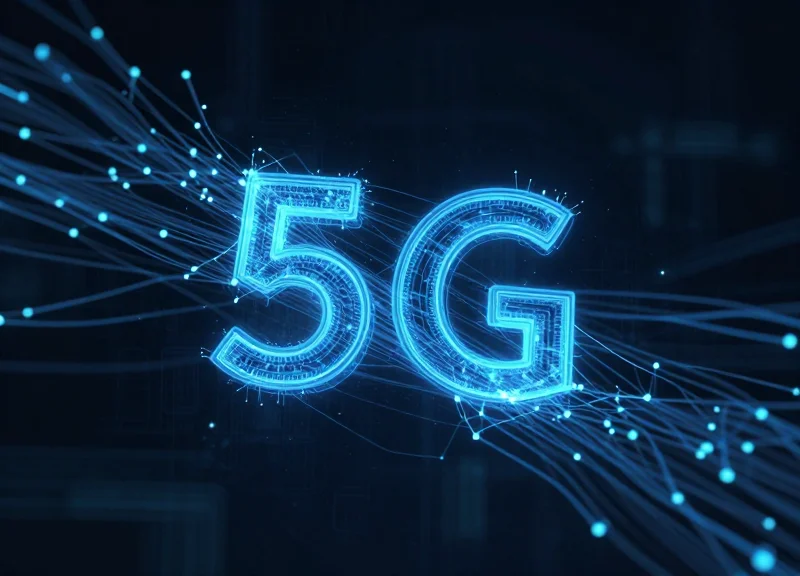 Abstract visualization of 5G and LoRaWAN connectivity nodes in a high-tech industrial network.