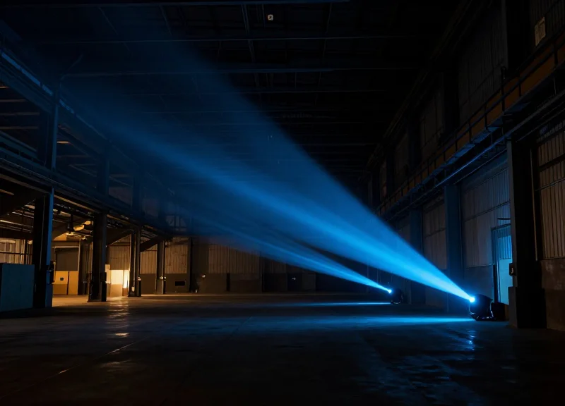 Surrealist industrial warehouse with glowing scanning beams revealing hidden areas.