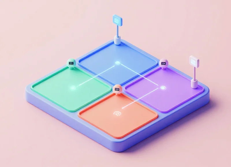 Isometric 3D layout of a smart factory floor divided into RFID zones.