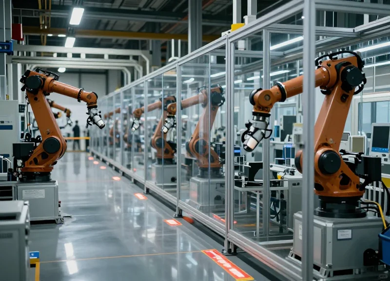 Futuristic industrial facility with advanced safety monitoring systems and automated robots