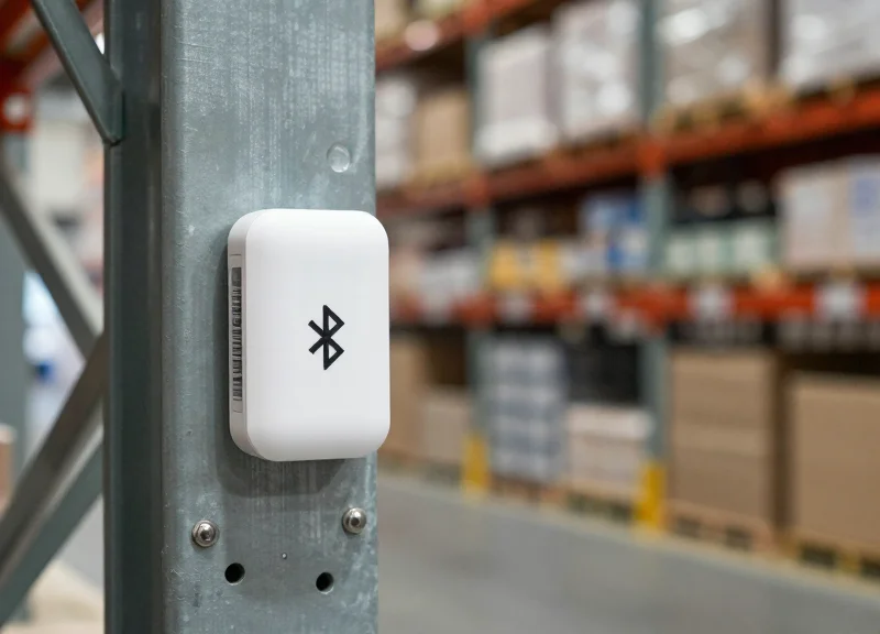 Bluetooth Low Energy beacon installed on a warehouse pillar