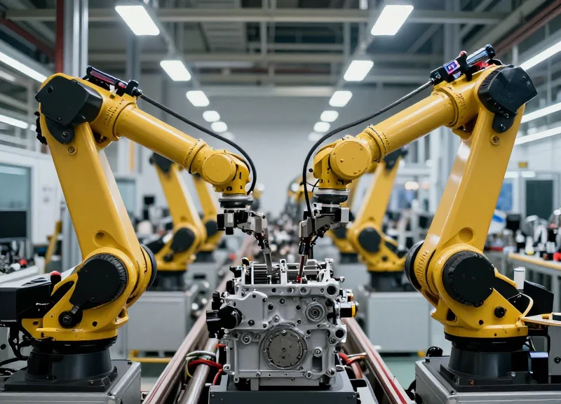 A high-tech automotive engine assembly line with robotic arms and workers in a modern factory setting.
