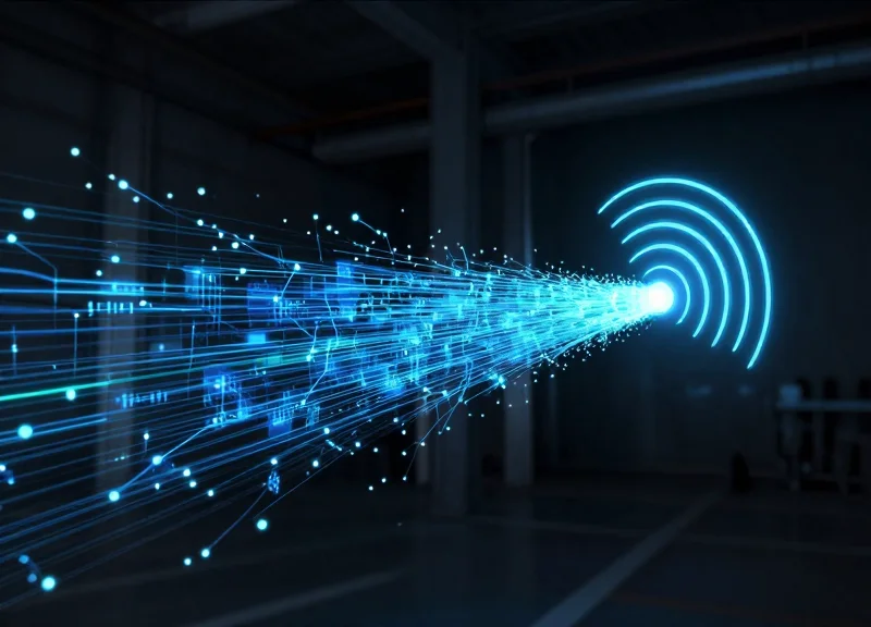 Abstract visualization of UHF radio waves and data signals flowing through an industrial environment.