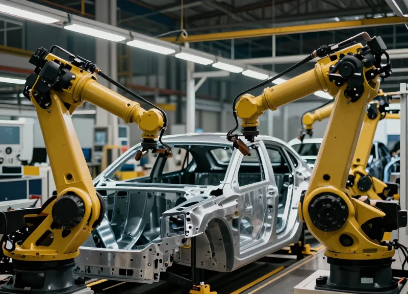 Modern automotive assembly line with robotic arms and car chassis in a high-tech smart factory