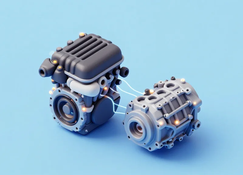 Isometric 3D model showing the matching process of a car engine and gearbox with digital connection lines