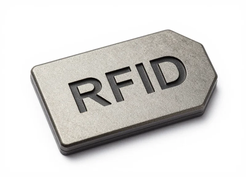 Professional studio shot of a rugged industrial RFID tag for automotive manufacturing