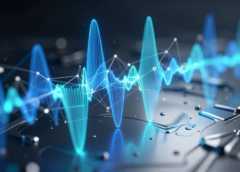 Abstract visualization of UHF RFID radio waves reflecting in a metallic industrial environment.