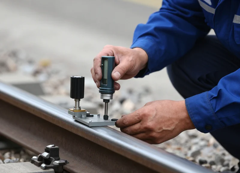 A technician calibrating an RFID sensor on an industrial production line.