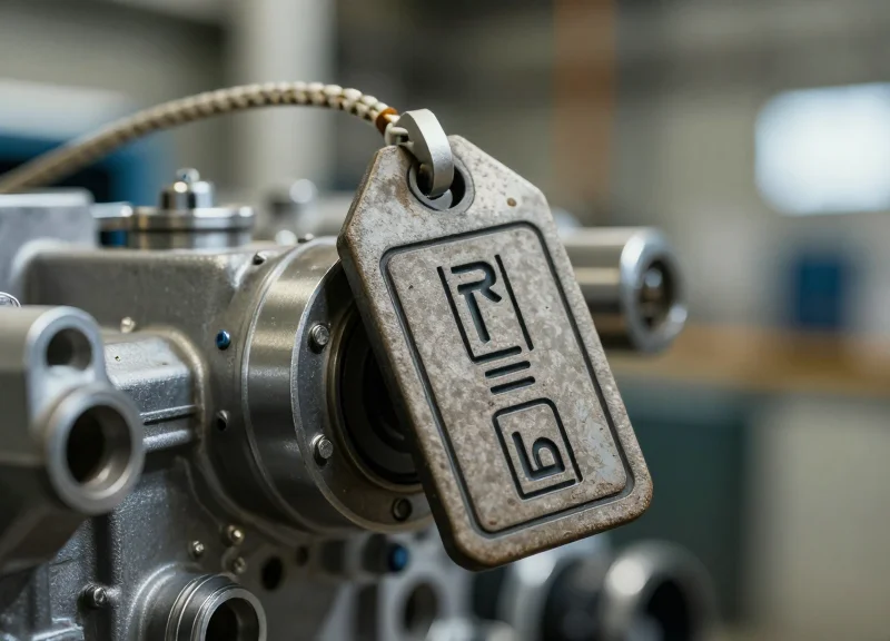 Close-up of a rugged RFID tag attached to a metal industrial component in a factory.
