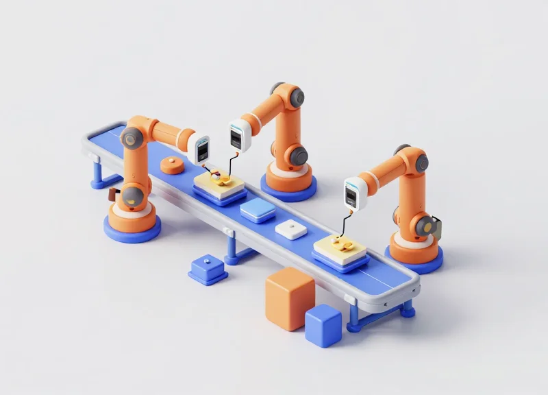 Isometric view of a smart assembly line showing component error-proofing.