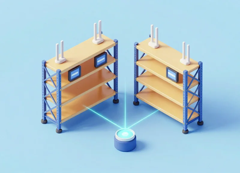 3D model of ESL and RFID working together on a warehouse shelf.