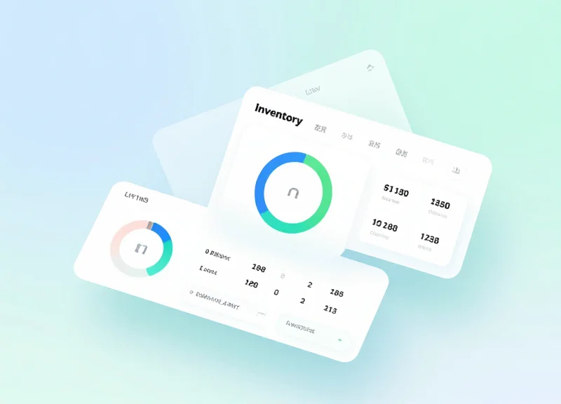 A modern glassmorphism dashboard interface showing inventory management metrics and data.